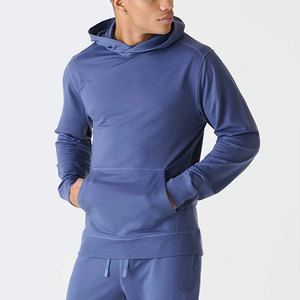 Men's Blue Hooded <b>Tracksuit</b> Full Length Solid Color Side Pockets Elastic Waist Casual Autumn Wear 100% Cotton Midweight - Product Image 2