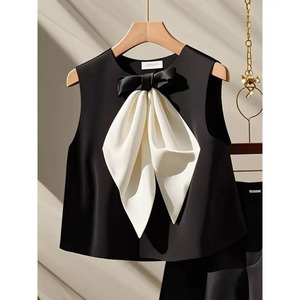 ชุดฤดูร้อนหรูหราสำหรับผู้หญิงชุดเสื้อกล้ามเอวสูงแขนกุดสีดำโบว์สีดำชุดสองชิ้น - Product Image 4