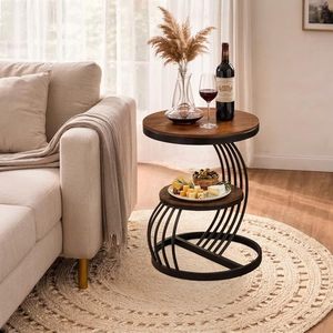 Round 2 Tier Side <b>Table</b> Wood Grain Accent <b>Table</b> Metal Frame <b>Bedside</b> End <b>Table</b> for Living Room - Product Image 3