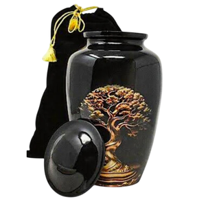 Urna Funeraria de Aluminio Negra y Dorada con Árbol de la Vida, Hecha a Mano, para Cenizas Humanas de Adultos, Recipiente Conmemorativo para Entierro - Product Image 1