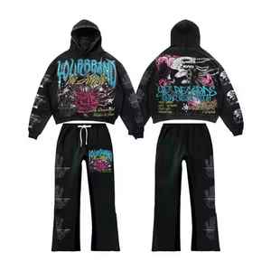 YOURBRAND Vintage Acid Wash <b>Tracksuit</b> Unisex Distressed Hoodie Flare Sweatpants Set <b>Y2K</b> Streetwear Sweat suit - Product Image 1