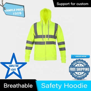 <b>Mens</b> High Visibility <b>Reflective</b> Hooded Sweatshirt Zip up Workwear <b>Jacket</b> Waterproof Breathable Safety Uniform Polyester - Product Image 2
