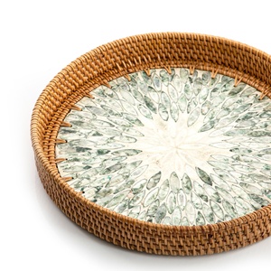 Handmade Rattan <b>Serving</b> <b>Tray</b> with Mother of Pearl Inlay Elegant <b>Round</b> <b>Serving</b> <b>Tray</b> for Home & Hotel Use made in Vietnam - Product Image 2