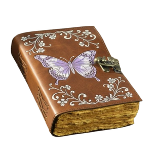 สมุดบันทึกหนังลายผีเสื้อจันทราพิมพ์ลายทำมือ สีน้ำตาลวินเทจ ลายดอกไม้ พร้อมตัวล็อคทองเหลือง ปกแข็ง คลาสสิก ขนาด 7x5 นิ้ว - Product Image 1