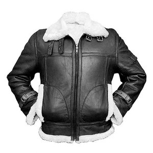 Custom 2026 Eco-Friendly Garment Dyed Real Sheepskin <b>Leather</b> <b>Bomber</b> Jacket Black Grain Type Winter Wear White Real Fur for <b>Men</b> - Product Image 1