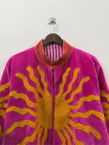 Premium Fuchsia <b>Velvet</b> Embroidered Suzani <b>Jacket</b> With Sun Pattern Full Sleeve Stand Collar Bohemian <b>Women</b> Winter Coat - Product Image 5