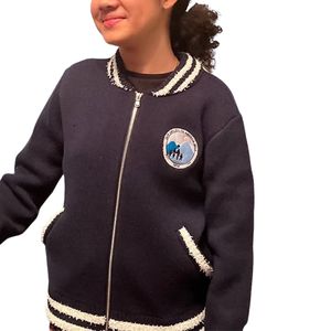Women Knitted Full Zip Varsity <b>Cardigan</b> Jacket Long Sleeve Striped Ribbed Trim Embroidered Patch Casual Sweater <b>Coat</b> with Pocket - Product Image 1