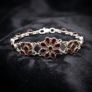 Floral Garnet 925 Sterling Silver Chain <b>Bracelet</b> Women's Classic Everyday Wear Jewelry - Product Image 3