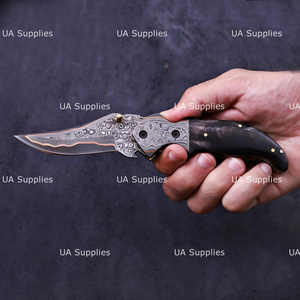 UA Supplies Industrial Grade Copper Damascus Steel Straight Clip Point Razor Sharp 0.5mm Liner <b>Lock</b> Foldable Hunting Survival - Product Image 2