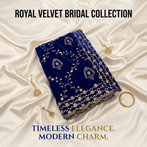 Exquisita Dupatta de Terciopelo Azul Oscuro para Novia con Bordado Floral de Zari Dorado en Toda la Superficie, Chal de Boda, Estola para Bodas Exquisitas - Product Image 1