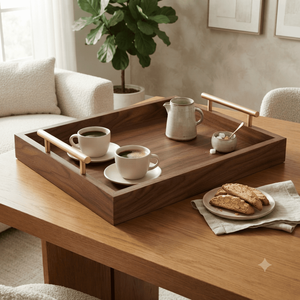 Plateau de service en bois artisanal avec poignées métalliques, grand plateau pour le petit-déjeuner, le café, le thé, la nourriture, décoration de table pour la maison, le restaurant, l'hôtel - Product Image 2