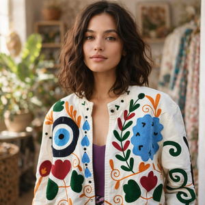 Suzani Embroidered Knitted Velvet Bomber <b>Jacket</b> Handcrafted Floral Boho Statement Wear Full Sleeve Autumn Outerwear Breathable - Product Image 1