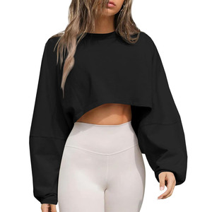 Sweat-shirt court à manches chauve-souris surdimensionné pour femme, noir uni, respirant, tricoté, à manches longues, col rond, pour l'été - Product Image 6