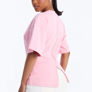 Women's 100% Cotton Solid Lightweight Breathable Summer Fitness New Pink Short-Sleeve Cycling Yoga <b>Back</b> Zipper Outdoor Women Tee - Product Image 2