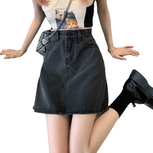 Falda Corta Estilo Coreano de Invierno, Vintage, Casual, Cintura Alta, Negra, Gris, Denim, Corte Regular, 100% Algodón Lavado, Moderna, 3D - Product Image 1