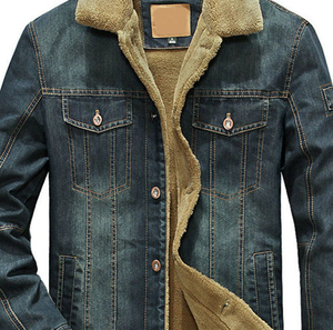 Vintage Faded Blue Denim Inner Fur Winter Casual Jacket Heavy Thread Stitching Front <b>Button</b> Closure Dual Pockets Made Pakistan - Product Image 2