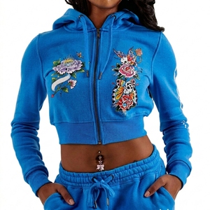 High Quality Custom <b>White</b> Sparkle Diamonds Zip Up Hoodie <b>Cropped</b> 100% Cotton Drop Shoulder Boxy Fit Hoodies Streetwear - Product Image 4