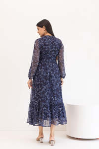 Robe midi en mousseline de soie à imprimé floral romantique, col en V, manches longues, coupe ample, taille naturelle, style décontracté printanier - Product Image 2