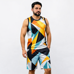 Men's Geometric Tank Top And <b>Shorts</b> Set Crew Neck Quick Dry Knitted <b>Polyester</b> Sporty Summer Outfit - Product Image 2