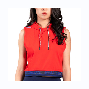 Women <b>Red</b> Sleeveless Hooded Crop Top Knitted Breathable Solid Color Summer Wear 100% Polyester Sweatshirt Style - Product Image 1