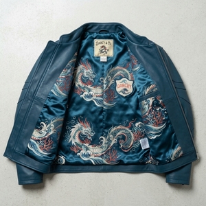 Blouson aviateur en cuir véritable bleu, col mandarin, dragon brodé à la main, style chinois, fermeture éclair sur le devant - Product Image 5