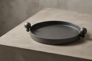 Factory Direct Cast Aluminum Round Matte <b>Black</b> Metal Serving Tray Sphere Handle Design Food Display <b>Plate</b> Hotel Restaurant - Product Image 2