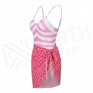 Traje de baño a rayas rosas con falda cruzada de lunares, escote halter cruzado, ropa de playa para mujer, diseño asimétrico de una pieza - Product Image 6