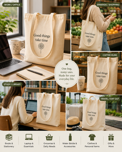 Bolsa de Tela de Algodón con Estampado de Margaritas, Color Beige, para Uso Diario, con la Frase 'Good Things Take Time' - Product Image 3