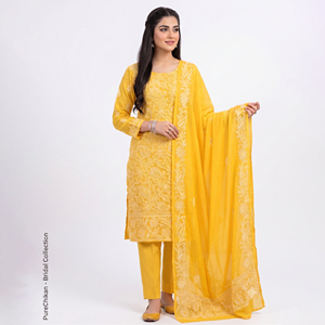 Salwar Kameez en Chiffon Brodé Chikan Pur avec Dupatta, Col Bijou, Manches Longues, Robe Maxi, Tenue Formelle Élégante - Product Image 1