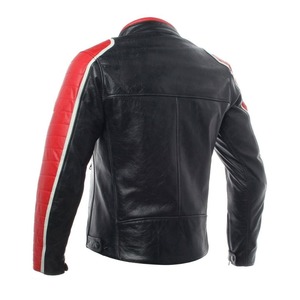 Blouson de moto en cuir pour homme, noir et rouge, à blocs de couleur, manches longues, coupe-vent, col montant, toutes saisons - Product Image 3