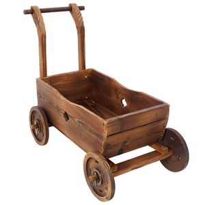 Wooden Wagon Mobile Garden <b>Planter</b> <b>Box</b> with 4 Wheels Handle Drain Hole Decorative Indoor Flower Pot - Product Image 3