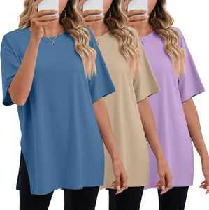เสื้อยืดคอกลมแขนสั้นทรงโอเวอร์ไซส์สำหรับผู้หญิง สีพื้น ทรงหลวม ผ้าฝ้ายเจอร์ซีย์ถัก 100% เสื้อลำลองใส่สบายสำหรับฤดูใบไม้ผลิและฤดูร้อน - Product Image 3