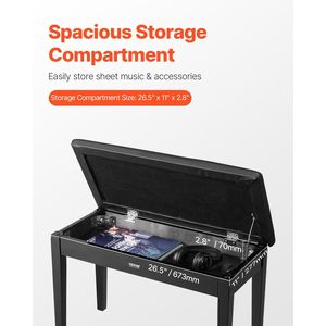 Sedia per Pianoforte Duet con Cuscino Imbottito ad Alta Densità 75x35x48 cm, Scomparto Portaoggetti per Spartiti, Panca per Pianoforte - Product Image 3