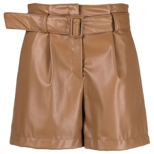 Shorts décontractés unis en cuir PU écologique avec ceinture élastique pour femmes et hommes - Product Image 1