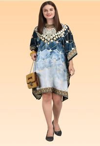 Robe Kaftan Courte pour Femme – Imprimé Paon Ethnique Jaune et Vert, Tunique Ample Festive - Product Image 3