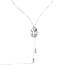 10K 14K 18K White Gold Lariat Necklace Featuring a Teardrop Halo <b>Frame</b> and Shimmering Pear Cut Lab Grown Diamond Dangle Charms - Product Image 2
