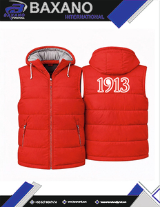 Delta |   Sigma |   Gilet matelassé Theta Sorority avec broderie personnalisée de lettres grecques, à capuche rouge, tricoté, imperméable et coupe-vent pour homme - Product Image 4