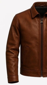 Blouson moto en cuir véritable beige pour homme, col rabattu, fermeture éclair, coupe ajustée, manches classiques, couleur unie, automne - Product Image 2