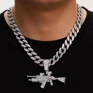 <b>Iced</b> <b>Out</b> Gun Pendant Necklace Silver Cuban <b>Chain</b> Moissanite Inlay Hip Hop Statement Jewelry for Party - Product Image 1