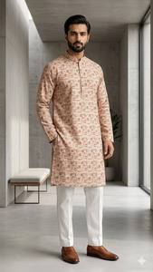 Conjunto de Kurta de Lino para Hombre, Estampado Digital, Traje Tradicional Indio Pakistaní, Sin Arrugas, Ropa Festiva - Product Image 5