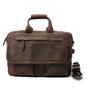 Crazy Horse Leather Casual Briefcase Retro Men Multi Pocket Laptop <b>Bag</b> Rugged Vintage Office Carry with Smart Organizer Design - Product Image 1