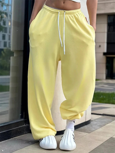 Pantalon Harem Jaune Femme Taille Haute Élastique Coupe Ample Longueur Intégrale Décontracté Automne 100% Coton Tricoté Respirant Uni Large - Product Image 3