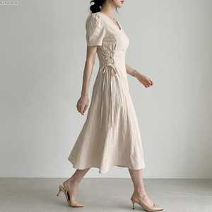 Vestido Maxi de Lino para Mujer, Cuello en V, Manga Abullonada, Silueta Evase, Cordones Laterales en la Cintura, Verano, Casual, Elegante, Liso, Teñido Natural - Product Image 5