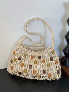 Bohemian Crochet <b>Shoulder</b> Bag With Stone Beads Hollow Out Design Summer Style Single <b>Strap</b> Women's Handbag - Product Image 1