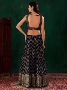 Black Embossed Square Neck Sleeveless Women's Lehenga Choli and <b>Skirt</b> Set for Diwali Spring Wedding Party Occasions - Product Image 5
