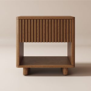 Table de chevet moderne en teck de style Japandi avec tiroir à texture rainurée et pieds ronds courts - Product Image 1