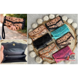 Fashionable Women's Clutch Floral <b>Tooled</b> Genuine Cowhide <b>Leather</b> Luxury Ladies Handcrafted Western Style Wristlet Wallet Purse - Product Image 1