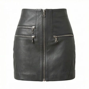 Jupe crayon mini en cuir taille haute pour femme avec fermeture éclair et poches latérales, style motard, couleur unie, toutes saisons - Product Image 1