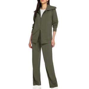 Ensemble de survêtement beige pour femme, couleur unie, manches longues, fermeture éclair, décontracté, respirant, coupe régulière, idéal pour le printemps - Product Image 5