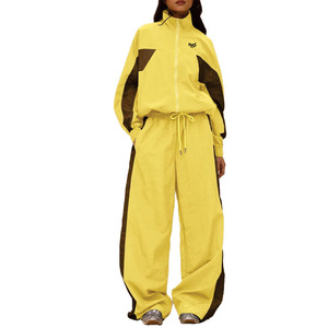 Trendy Women Oversized Yellow Windbreaker Tracksuit <b>Set</b> Lightweight Zip Jacket Elastic Waist Pants Custom OEM Sportswear Hoodies - Product Image 1